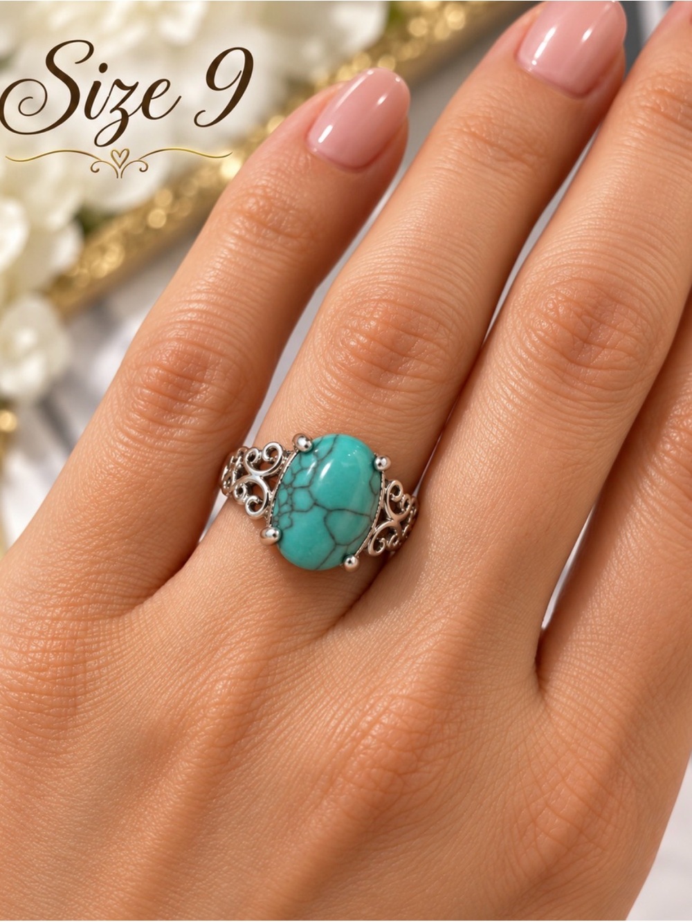 Boho Turquoise Blue Marbled Stone Filigree Ring Silver Tone Size 9